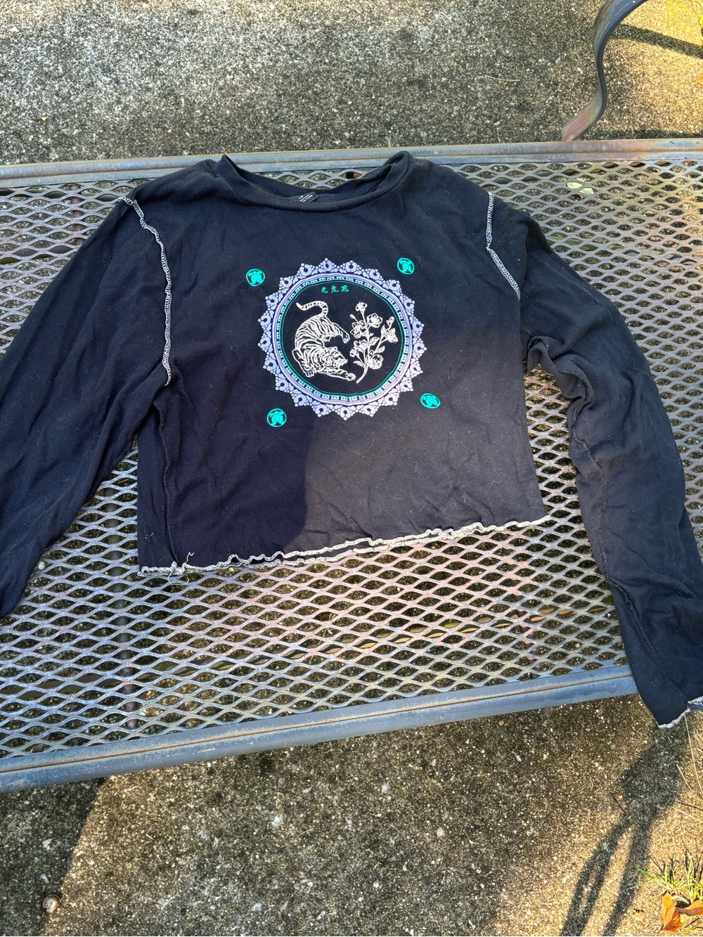 Urban Outfitters Black Cropped Long-Sleeve Tee with Tiger